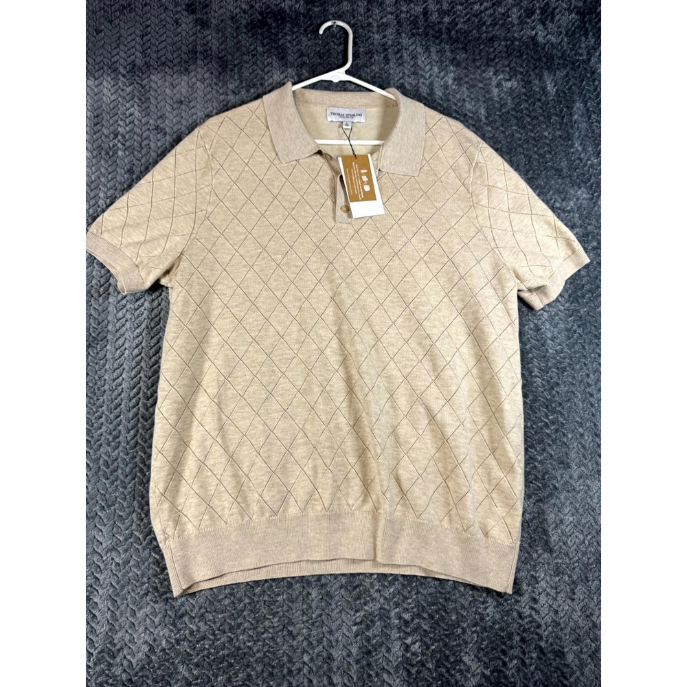 Thomas Sterling Polo Sweater Mens Large Beige Diamond Knit Winter Short Sleeve